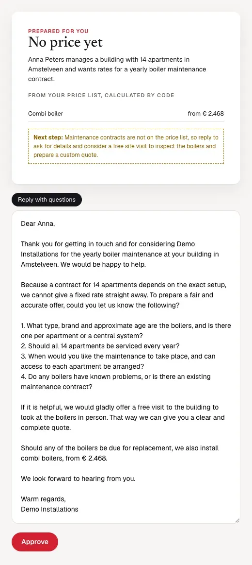 A prepared reply for a maintenance contract, with what the customer wants, a starting price from the list and the questions to ask